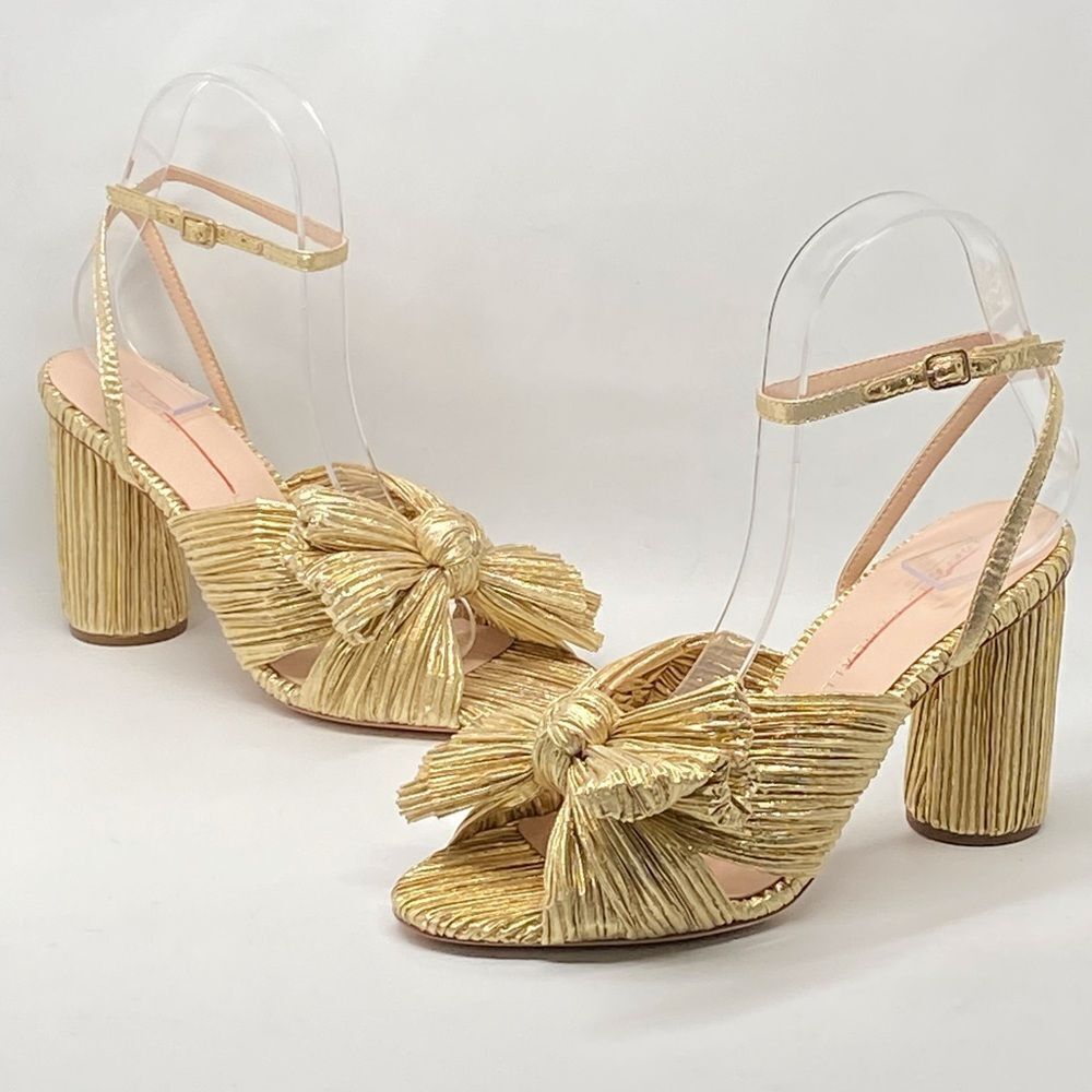 Loeffler Randall Camellia Gold Pleated Bow Heel Sandals size 6.5